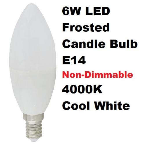 6W LED Frosted Candle Bulb, E14, Non-Dimmable, 4000K Cool White 