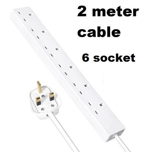 2 Meter Extension Cord 13a Uk Plug, 6 Socket