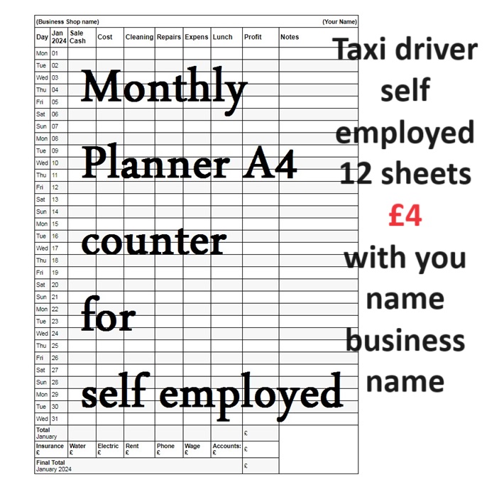 Taxi Driver Monthly Planners, 12 Sheets A4 Single Sided January To December