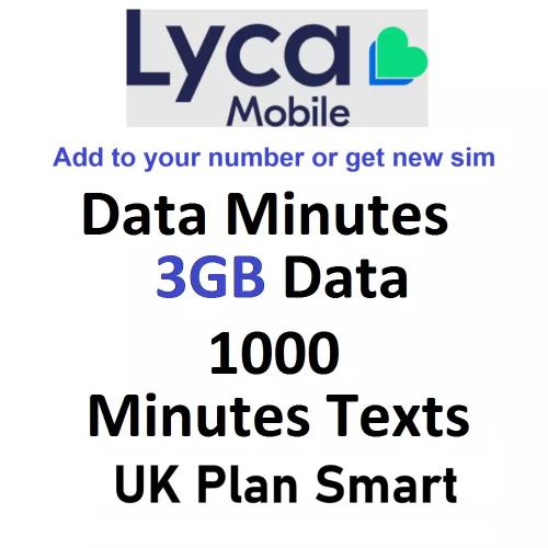 Lyca Mobile 3gb Data 1000 Minutes 1000 Text 30 Days Add To Yours Or Get New Sim