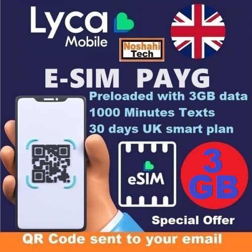 Lycamobile Esim 3gb Data, 1000 Minutes, 1000 Texts, 100 Eu Minutes 30 Days Bundle Payg