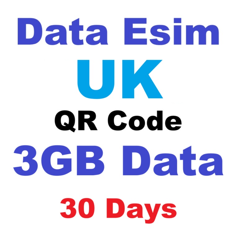 Esim Uk 3gb Data 30 Days Pay As You Go Qr Code Ready To Scan