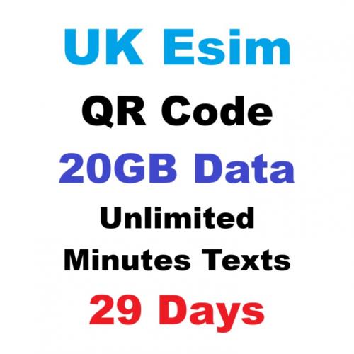 Esim Uk 20gb Data Unlimited Minutes Texts 29 Days Pay As You Go Qr Code Ready To Scan