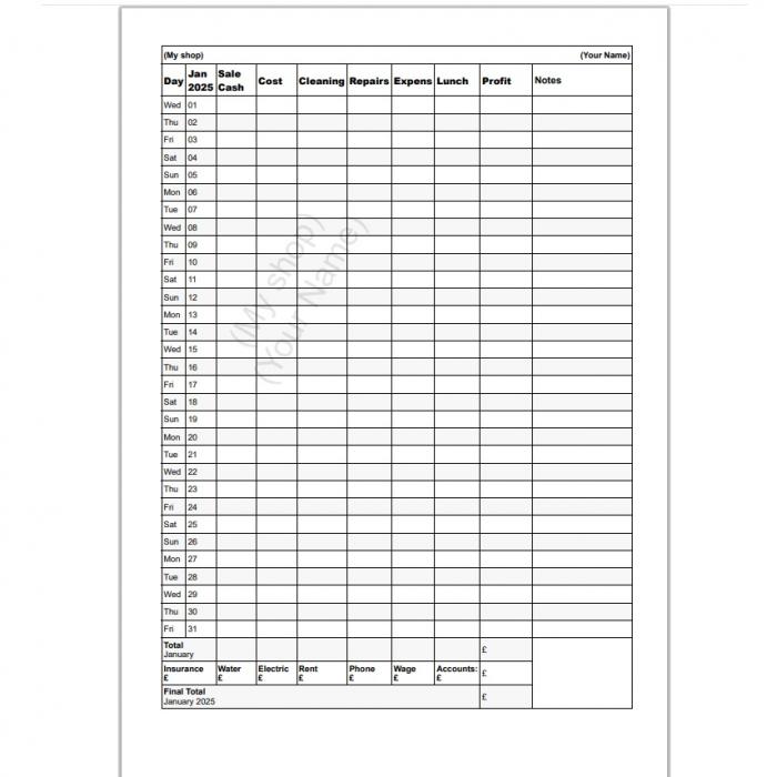 Print Self Employed Monthly Planners, 12 Sheets A4 Single Sided January To December