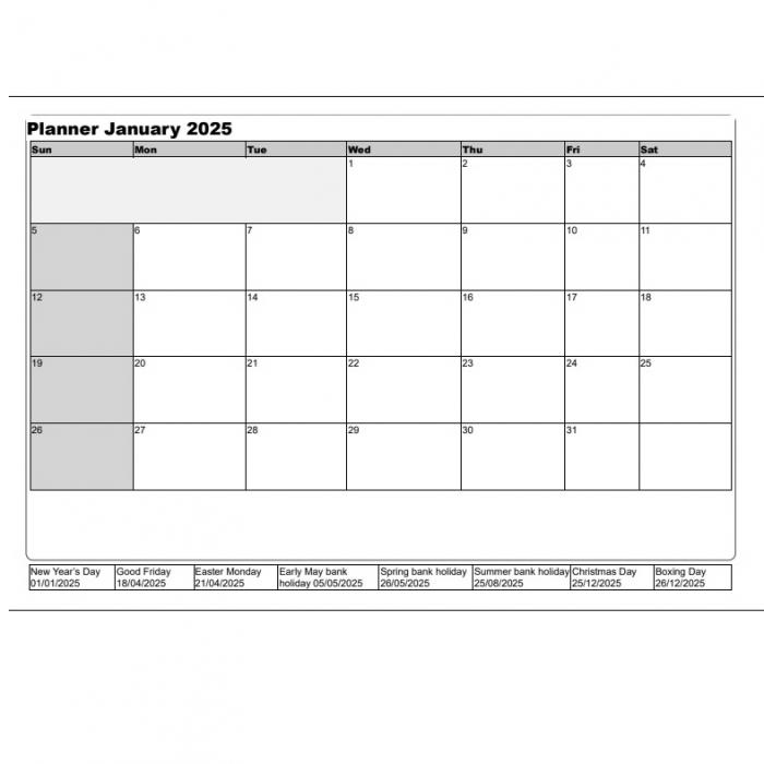 Print A4 Landscape Monthly Planners, 12 Sheets A4 Single Sided January To December