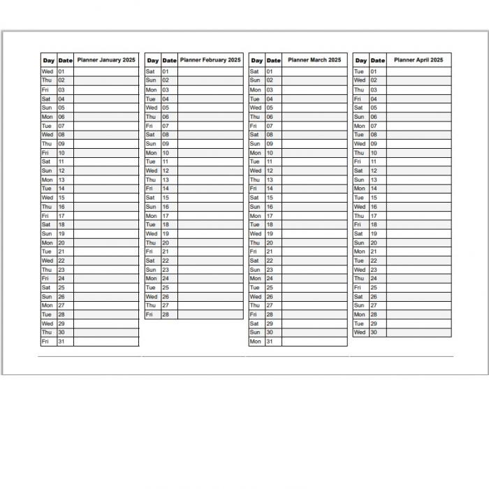 Print A4 Landscape 4 Tables Monthly Planners, 3 Sheets A4 Single Sided January To December