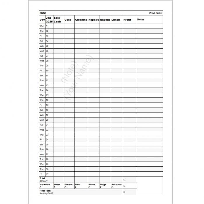 Print A4 Shop Self Employed Accounts Monthly Planners, 12 Sheets A4 Single Sided January To December