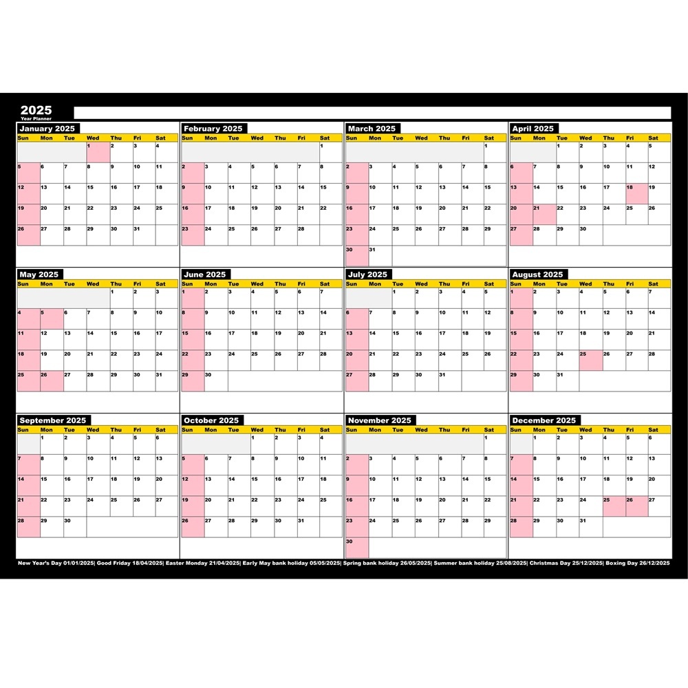 Print 50x A3 Landscap Planner 2026 Black January To December
