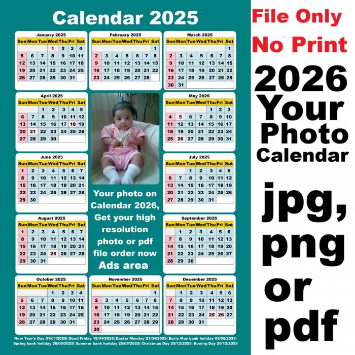 Your Digital Photo Calendar 2026 With Your Photo, Text Or Advert, File Only Jpg, Png Or Pdf, No Print