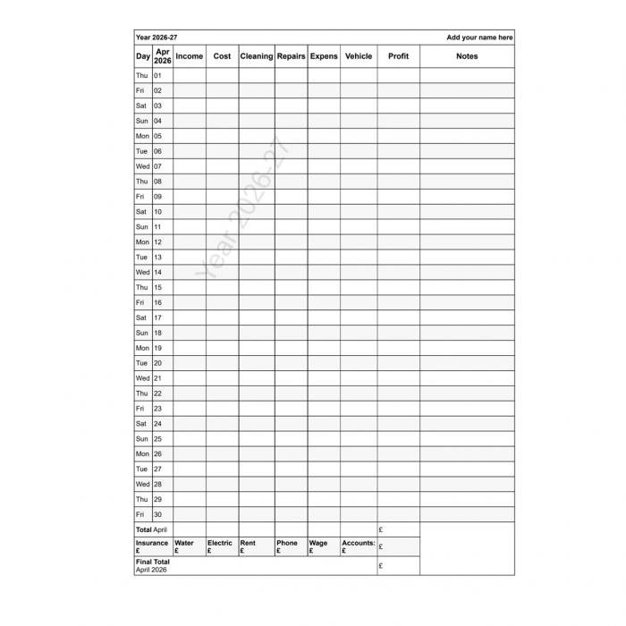 Print Year 2026-27 Financial Record Planner Sheet April To March Any Year With Your Name 12 Sheets
