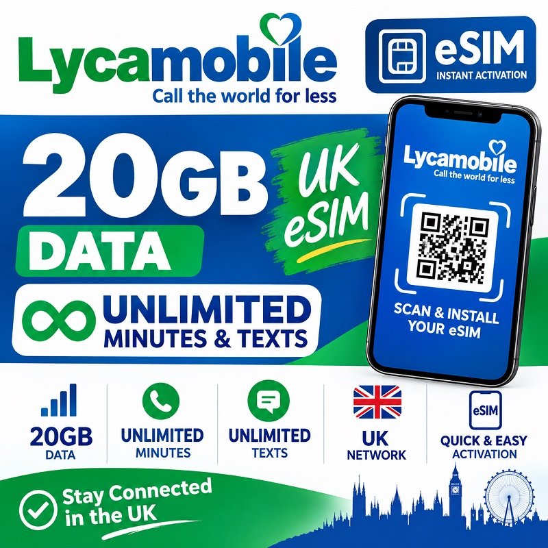 Lycamobile UK eSIM 20GB Internet Unlimited Calls Texts Digital eSIM QR Code ready