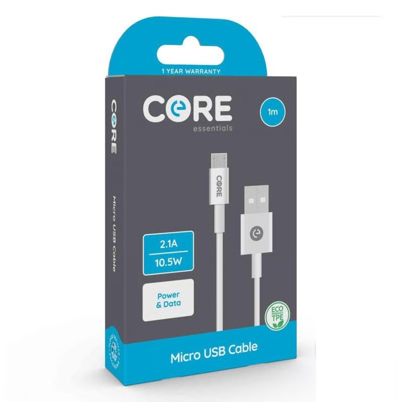 Core Essentials White Micro USB Cable 1m 2.1A/10.5W